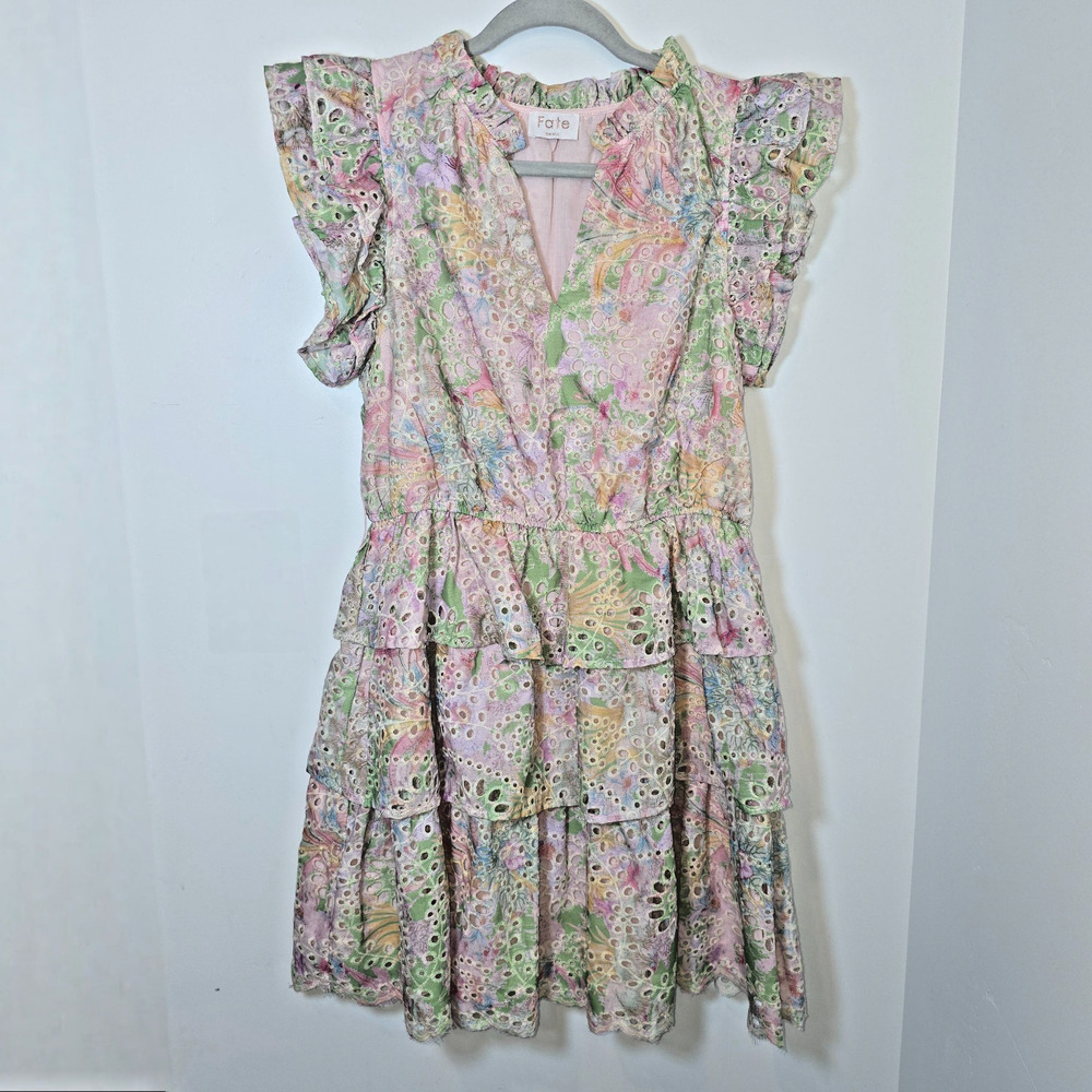 FATE Tiered Floral Dress Pink Sleeveless Eyelet Lined Womens Small V-Neck - Picture 2 of 11